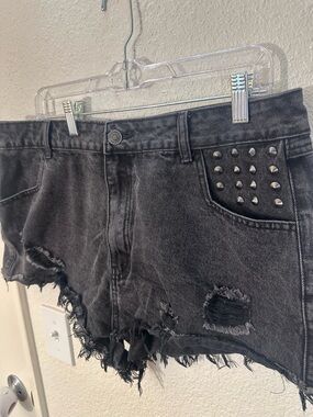 Killstar Black Distressed Denim Shorts with Stud Accents. Size XXL